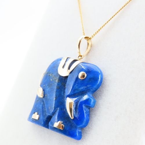 83 - 14 Carat Yellow Gold Lapis Lazuli Elephant Motif Pendant 2cm High Further Mounted on 9 Carat Yellow ... 