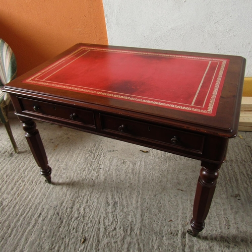 851 - William IV Writing Table Inset Burgundy Leather Gilt Tooled Top Two Drawers Above Turned and Reeded ... 