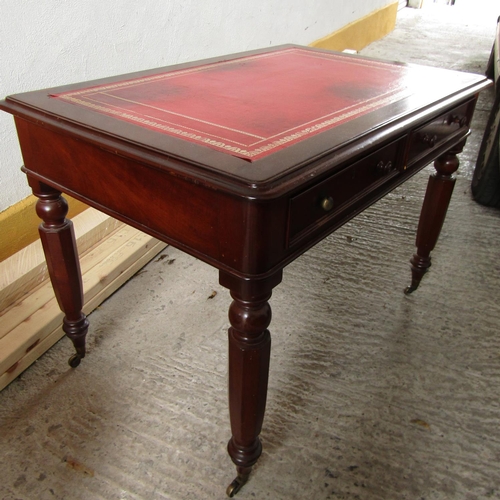 851 - William IV Writing Table Inset Burgundy Leather Gilt Tooled Top Two Drawers Above Turned and Reeded ... 