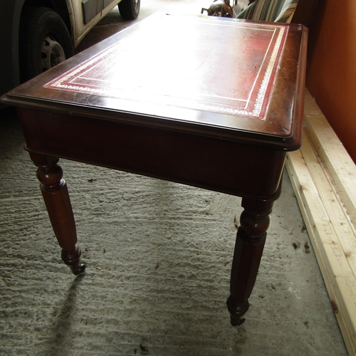 851 - William IV Writing Table Inset Burgundy Leather Gilt Tooled Top Two Drawers Above Turned and Reeded ... 