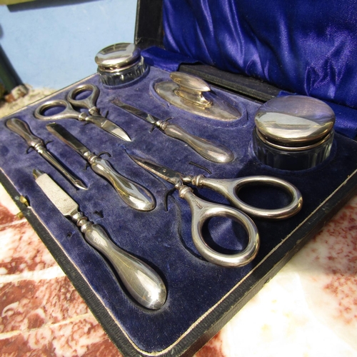 852 - Silver Nail Set Complete Contained within Original Presentation Box with Silver Top Jars