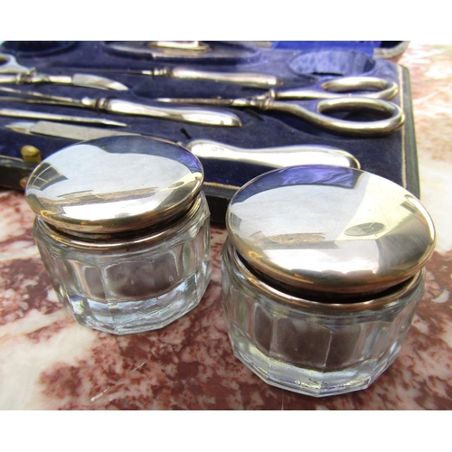 852 - Silver Nail Set Complete Contained within Original Presentation Box with Silver Top Jars