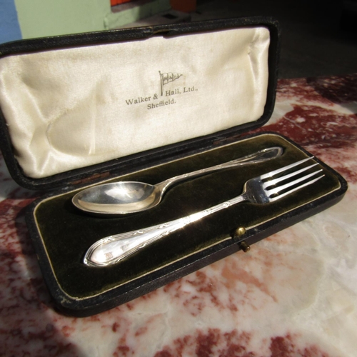 853 - Silver Presentation Knife and Spoon by Walker and Hall