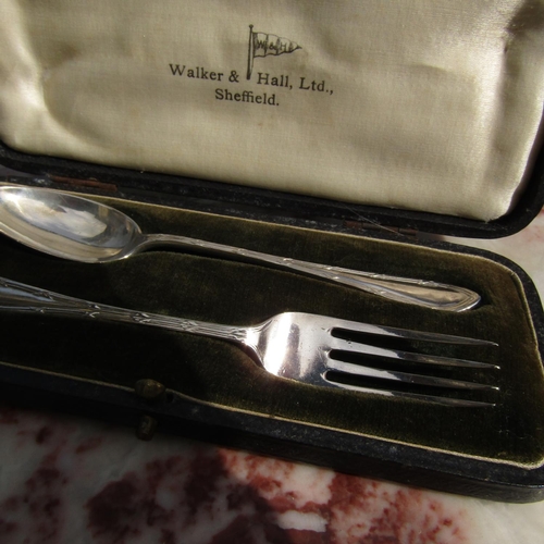 853 - Silver Presentation Knife and Spoon by Walker and Hall