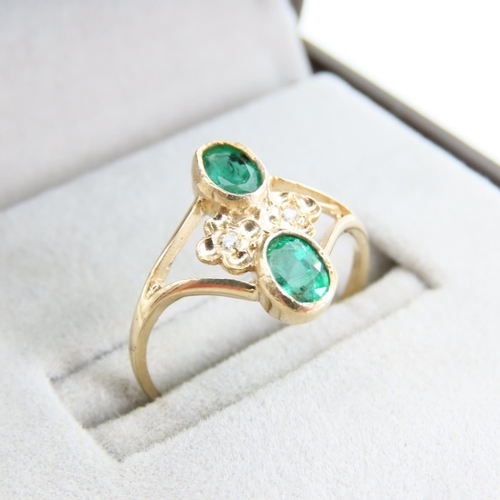 86 - Emerald and Diamond Twin Stone Ring Mounted on 9 Carat Yellow Gold Band Ring Size N