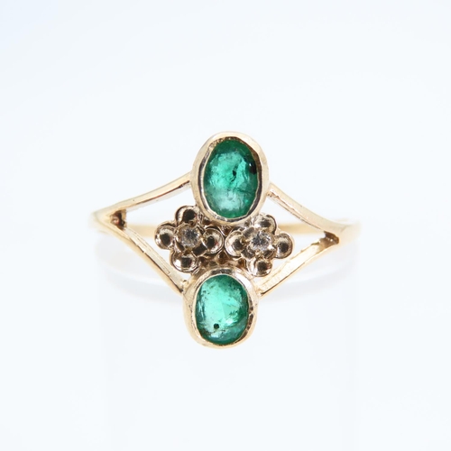 86 - Emerald and Diamond Twin Stone Ring Mounted on 9 Carat Yellow Gold Band Ring Size N