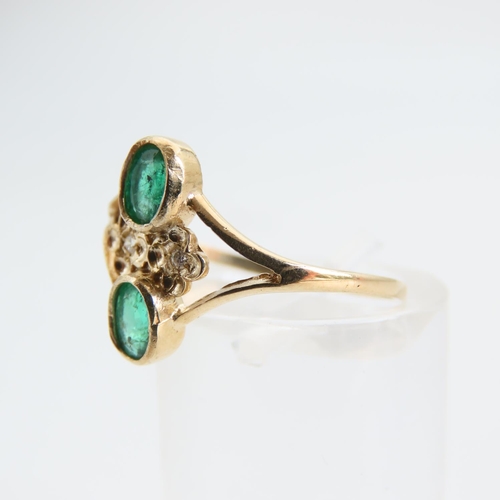 86 - Emerald and Diamond Twin Stone Ring Mounted on 9 Carat Yellow Gold Band Ring Size N