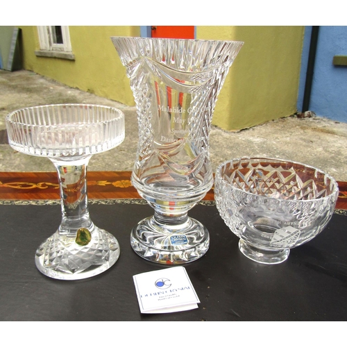 866 - Irish Cut Crystal Pedestal Vase Taza, Waterford Crystal and Another Bowl Three Pieces in Lot