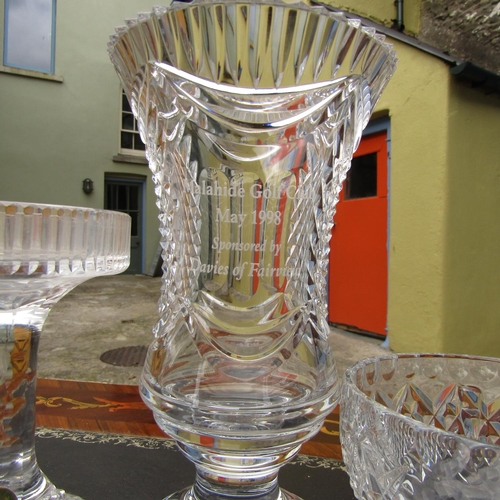 866 - Irish Cut Crystal Pedestal Vase Taza, Waterford Crystal and Another Bowl Three Pieces in Lot