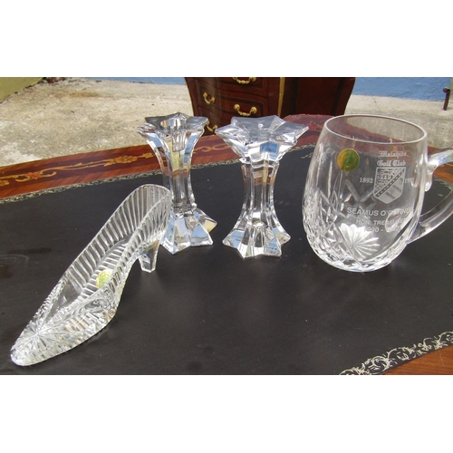 868 - Waterford Crystal Ladies Shoe, Pair of Waterford Crystal Candle Rests and Presentation Tankard Four ... 