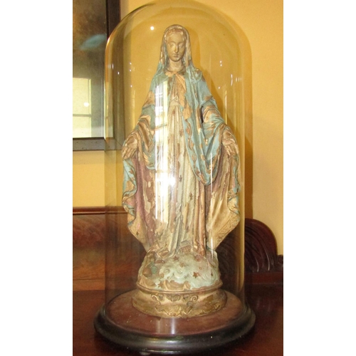 870 - Antique Church Figure of Our Lady Under Victorian Glass Dome Original Base Dome Approximately 24 Inc... 