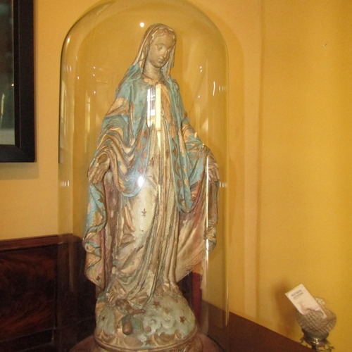 870 - Antique Church Figure of Our Lady Under Victorian Glass Dome Original Base Dome Approximately 24 Inc... 