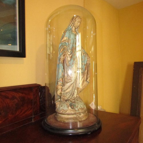 870 - Antique Church Figure of Our Lady Under Victorian Glass Dome Original Base Dome Approximately 24 Inc... 