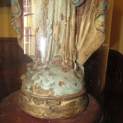 870 - Antique Church Figure of Our Lady Under Victorian Glass Dome Original Base Dome Approximately 24 Inc... 