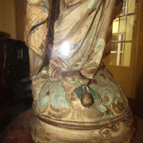 870 - Antique Church Figure of Our Lady Under Victorian Glass Dome Original Base Dome Approximately 24 Inc... 