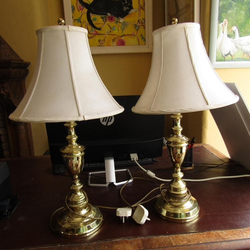 873 - Pair of Cast Brass Turned Pedestal Form Table Lamps Electrified Working Order Each Approximately 22 ... 