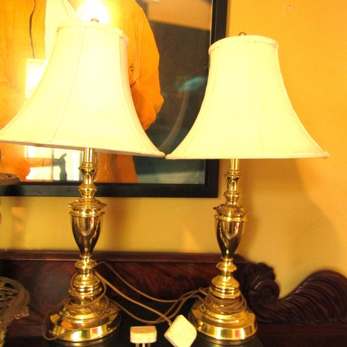 873 - Pair of Cast Brass Turned Pedestal Form Table Lamps Electrified Working Order Each Approximately 22 ... 