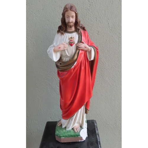 882 - Polychrome Decorated Cast Plaster Figure of the Sacred Heart 20 Inches High Approximately