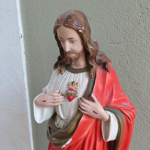 882 - Polychrome Decorated Cast Plaster Figure of the Sacred Heart 20 Inches High Approximately