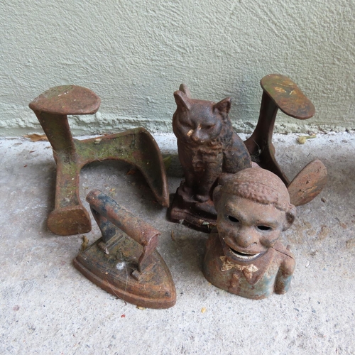 886 - Two Old Shoe Lass Cat Motif Doorstop, Old Tailors Iron and Old Cast Iron Money Box Five Pieces in Lo... 