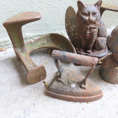 886 - Two Old Shoe Lass Cat Motif Doorstop, Old Tailors Iron and Old Cast Iron Money Box Five Pieces in Lo... 