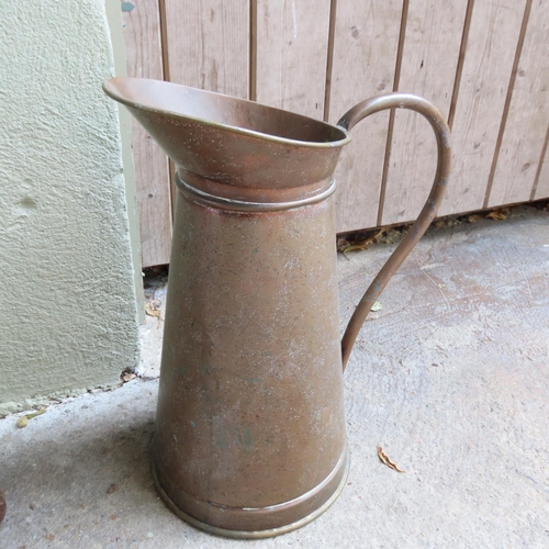 887 - Large Old Copper Pouring Jug Shaped Form Handle Approximately 21 Inches High