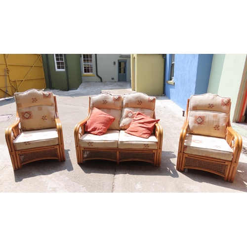 Three Piece Bergere Upholstered Suite Two Seater Settee and Two Armchairs Good Condition