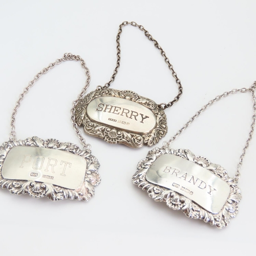 89 - Set of Three Silver Decanter Labels Inscribed Port, Brandy and Sherry Attractively Detailed with Ori... 