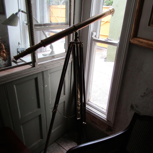 904 - Brass Bound Telescope on Hardwood Tripod Stand Extends to Approximately 6ft High