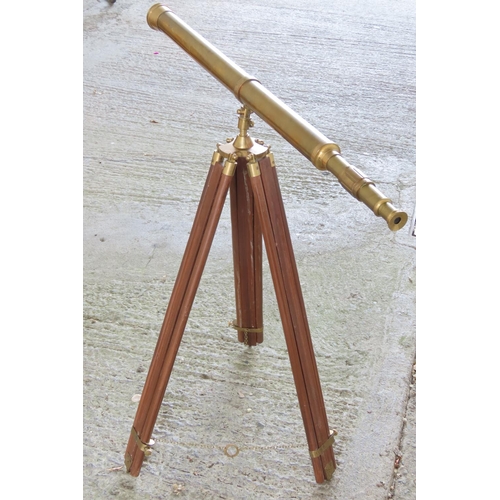 904 - Brass Bound Telescope on Hardwood Tripod Stand Extends to Approximately 6ft High