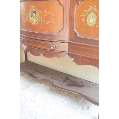 912 - Antique Mahogany Bow Front Display Cabinet with Original Attractively Painted Panel Doors Approximat... 