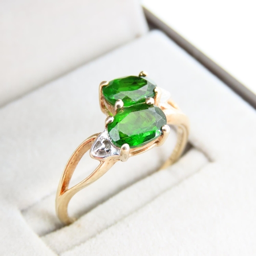 95 - 10 Carat Yellow Gold Tsavorite Twin Stone Diamond Set Ladies Ring Size R and a Half