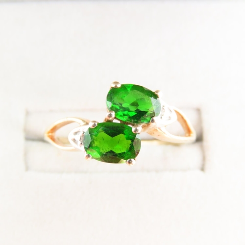 95 - 10 Carat Yellow Gold Tsavorite Twin Stone Diamond Set Ladies Ring Size R and a Half