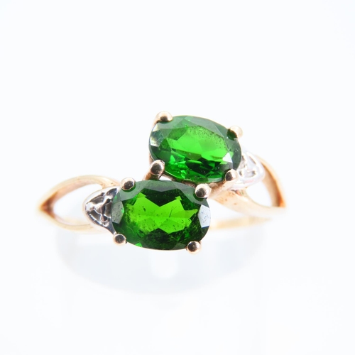 95 - 10 Carat Yellow Gold Tsavorite Twin Stone Diamond Set Ladies Ring Size R and a Half