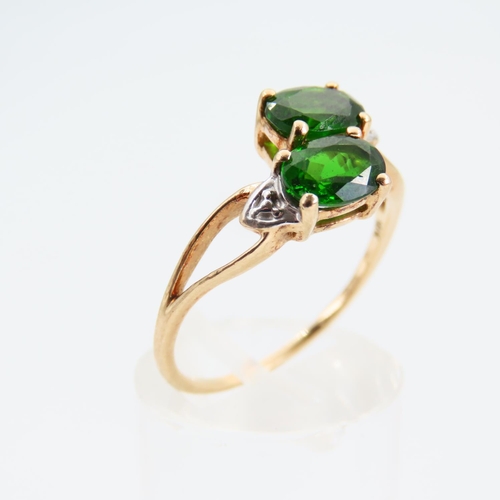 95 - 10 Carat Yellow Gold Tsavorite Twin Stone Diamond Set Ladies Ring Size R and a Half