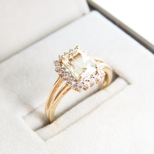 96 - Green Amethyst Cluster Set Ring Emerald Cut center Stone Mounted on 10 Carat Yellow Gold Band Size L... 