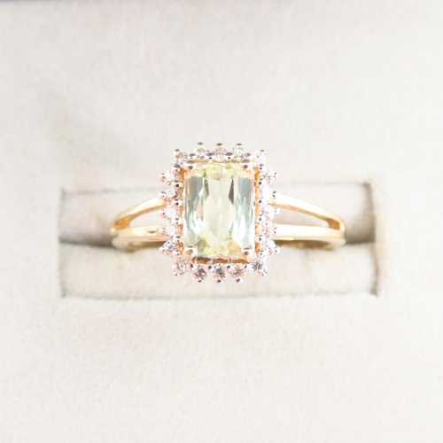 96 - Green Amethyst Cluster Set Ring Emerald Cut center Stone Mounted on 10 Carat Yellow Gold Band Size L... 