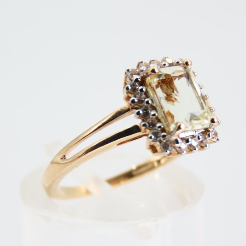 96 - Green Amethyst Cluster Set Ring Emerald Cut center Stone Mounted on 10 Carat Yellow Gold Band Size L... 