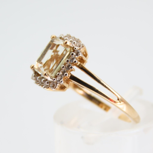 96 - Green Amethyst Cluster Set Ring Emerald Cut center Stone Mounted on 10 Carat Yellow Gold Band Size L... 