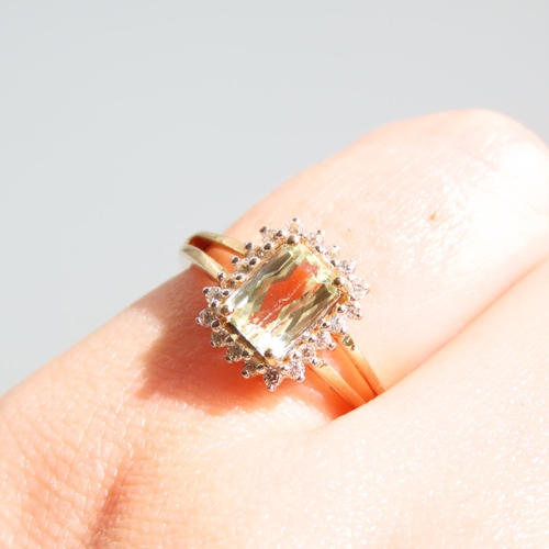 96 - Green Amethyst Cluster Set Ring Emerald Cut center Stone Mounted on 10 Carat Yellow Gold Band Size L... 