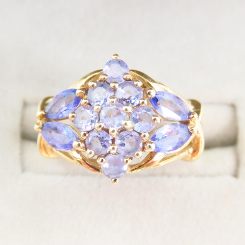 98 - Amethyst Cluster Ring Attractively Detailed Mounted on 9 Carat Yellow Gold Band Ring Size K