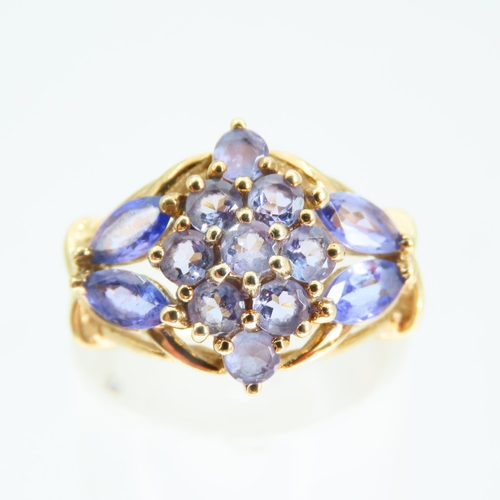 98 - Amethyst Cluster Ring Attractively Detailed Mounted on 9 Carat Yellow Gold Band Ring Size K