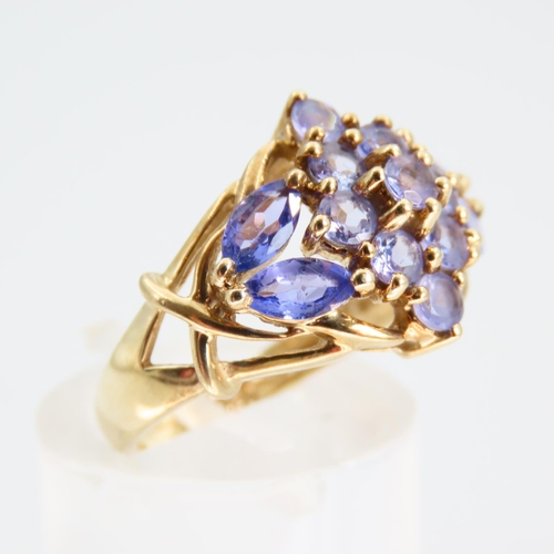 98 - Amethyst Cluster Ring Attractively Detailed Mounted on 9 Carat Yellow Gold Band Ring Size K