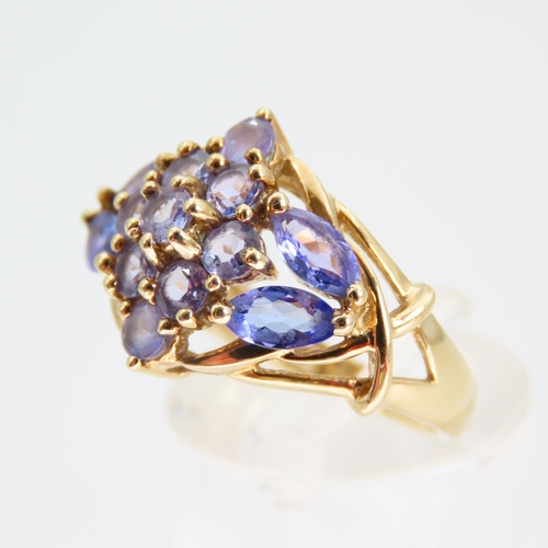 98 - Amethyst Cluster Ring Attractively Detailed Mounted on 9 Carat Yellow Gold Band Ring Size K