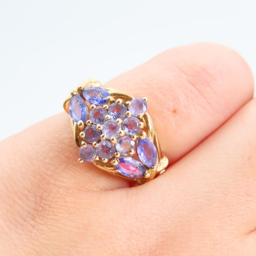 98 - Amethyst Cluster Ring Attractively Detailed Mounted on 9 Carat Yellow Gold Band Ring Size K