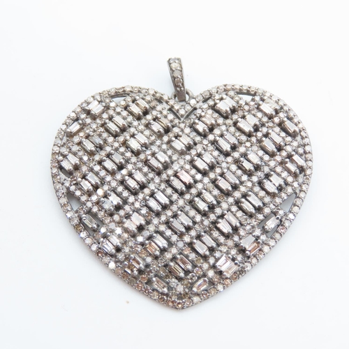 101 - Heart Motif Diamond Set Silver Mounted Pendant 4cm Drop