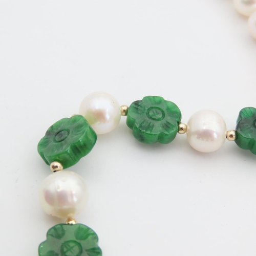 104 - Pearl and Jade Single Strand Necklace 14 Carat Yellow Gold Clasp 42cm Long Pearls and Jade of Attrac... 