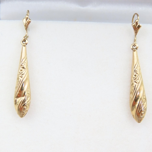 107 - Pair of 9 Carat Yellow Gold Drop Earrings Incised Decoration Each 4cm Drop