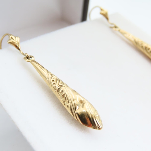 107 - Pair of 9 Carat Yellow Gold Drop Earrings Incised Decoration Each 4cm Drop