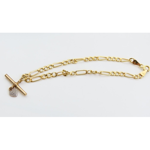 110 - 9 Carat Yellow Gold T-Bar Ladies Bracelet with Heart Motif Locket Bracelet 18cm Long